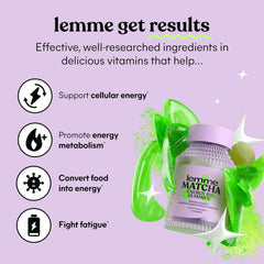 Lemme Matcha Energy Gummies close-up, vibrant green texture and tasty energy.