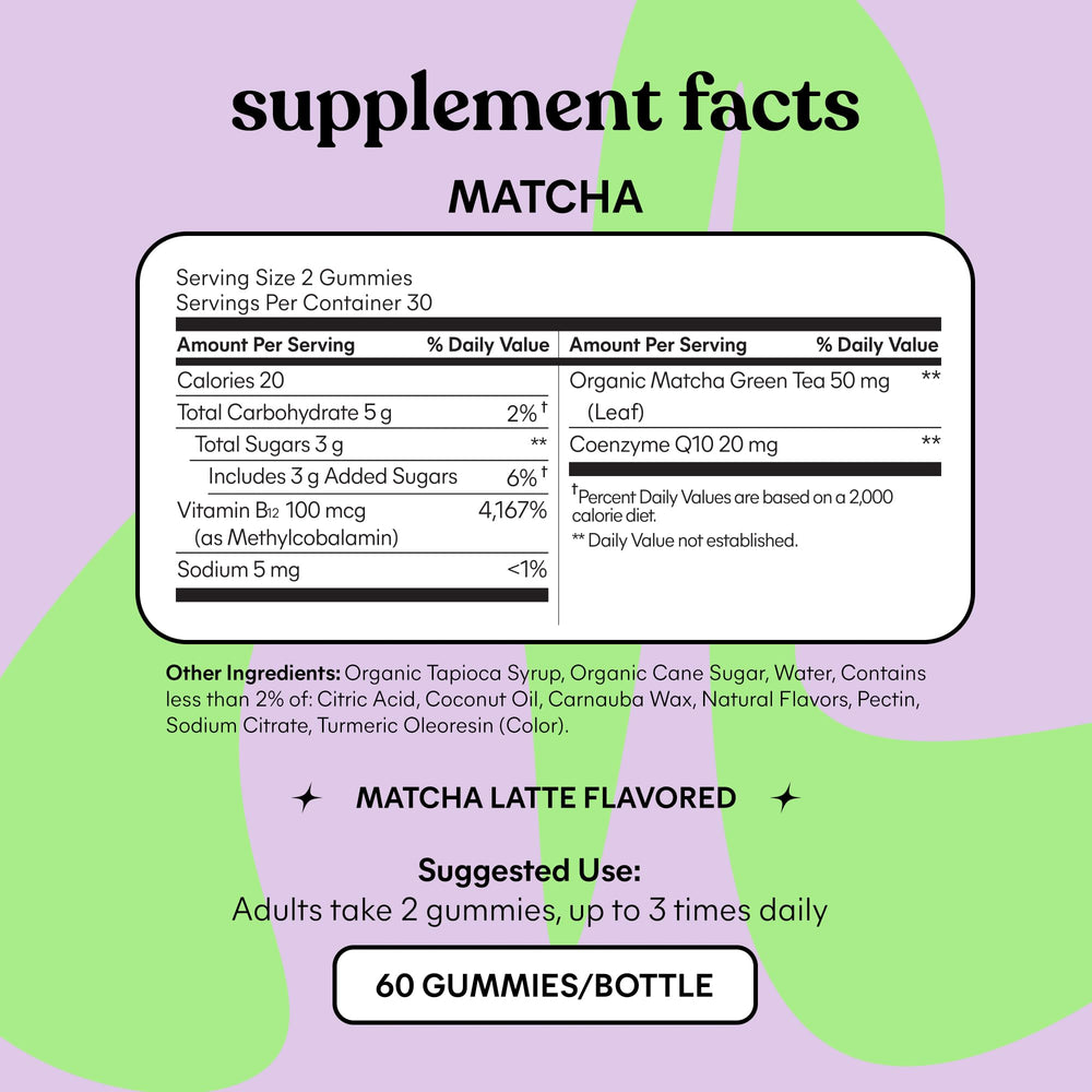 Lemme Matcha Energy Gummies ingredients panel highlighting organic matcha.