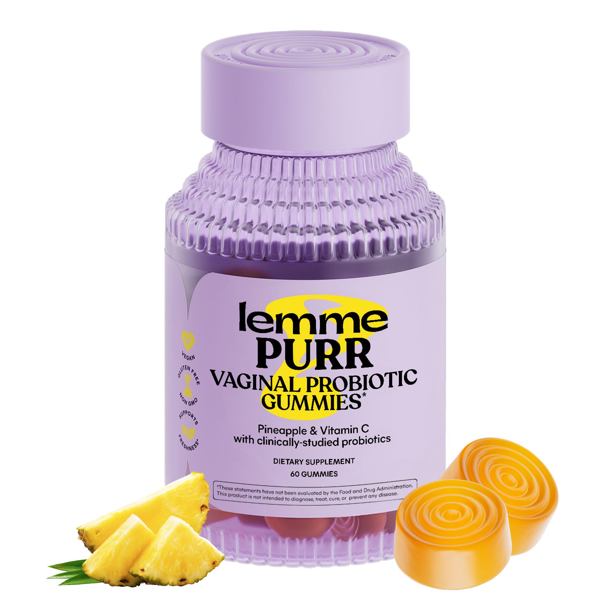 Lemme Purr bottle packaging highlights pineapple-flavored feminine health support.