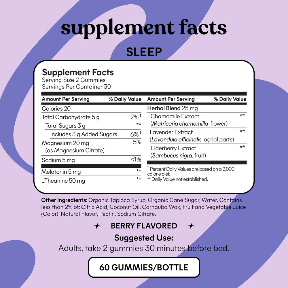 Gluten-free packaging for Lemme Sleep Gummies signals vegetarian, non-GMO formula.