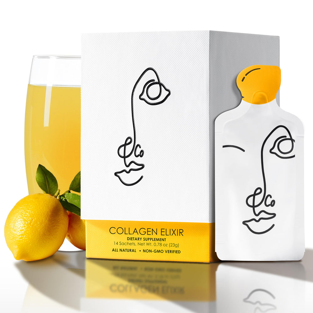 LEMON & CO. Liquid Collagen bottle on kitchen counter supports daily skin and hair care.