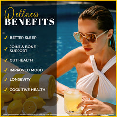 Close-up of organic lemons beside LE MON & CO. collagen bottle.