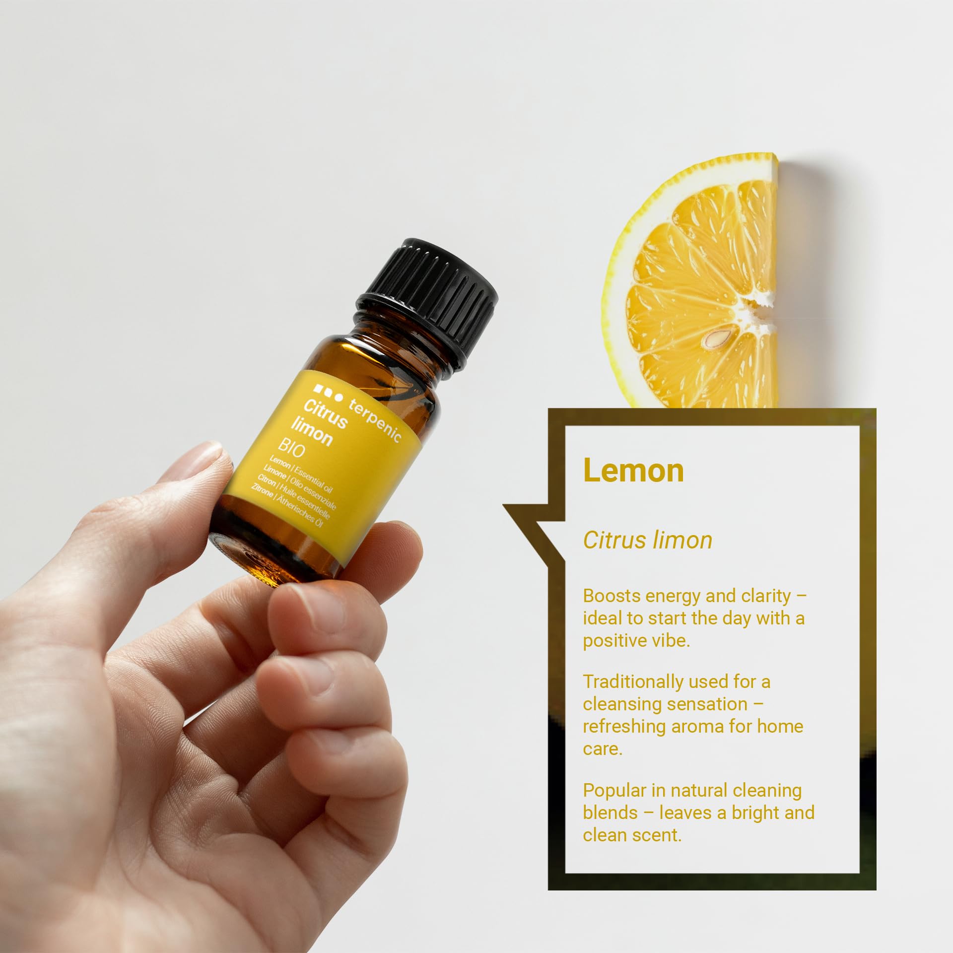 Lemon essential oil in a diffuser for uplifting aroma and focus.