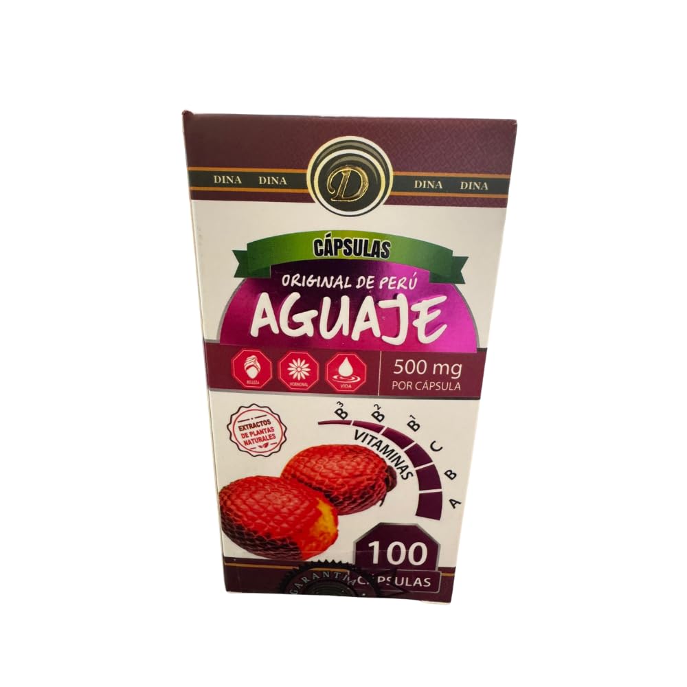 Aguaje del Peru product label highlighting added vitamins B1, B6, B12, A and C.
