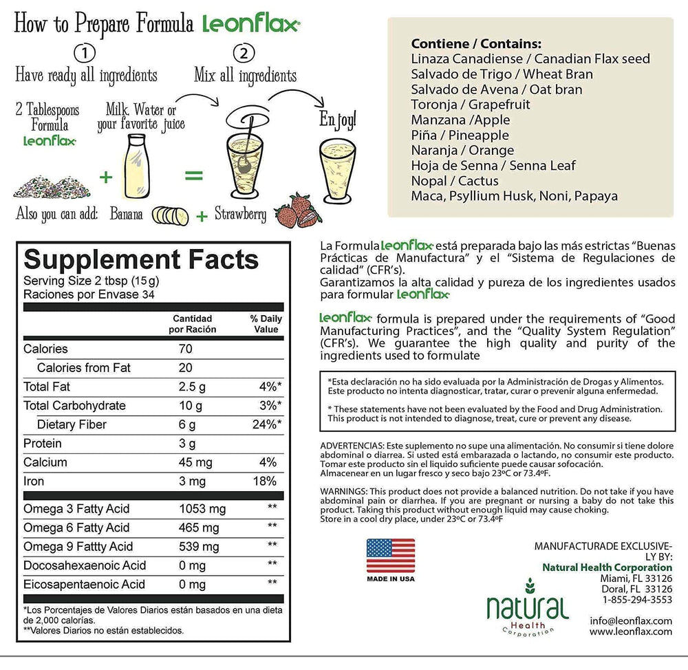 Leonflax flaxseed bags highlight 100% Canadian seeds with omega fatty acids