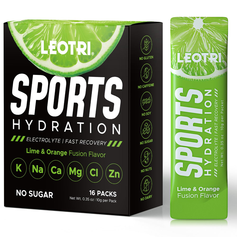 Leotri sugarfree electrolyte powder stick in lime flavor for on-the-go hydration.