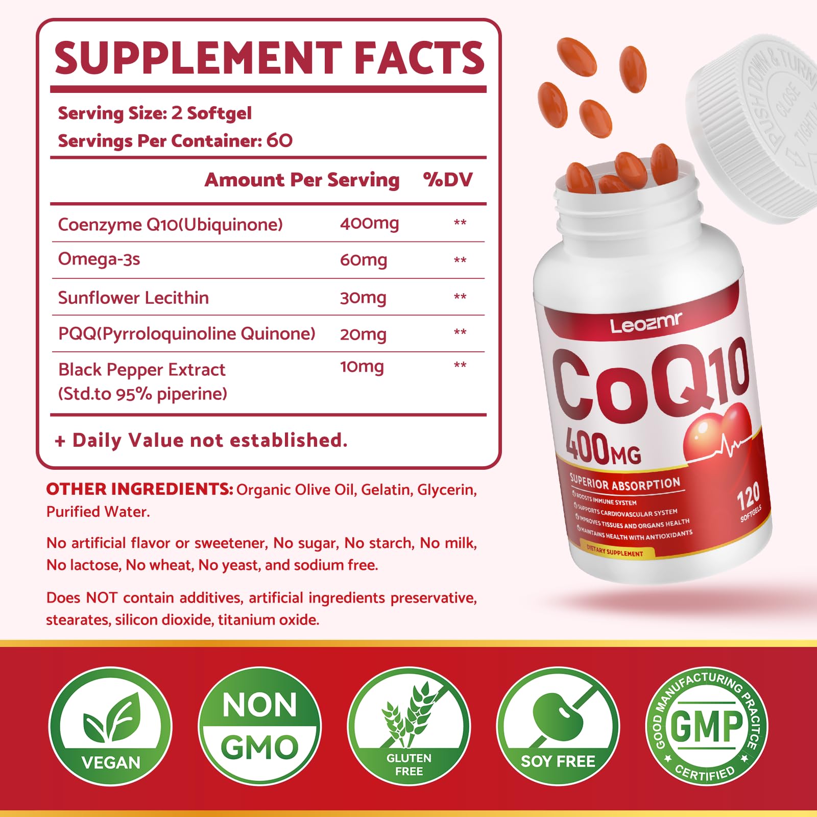 Close-up showing Leozmr CoQ10 absorption blend with black pepper and sunflower lecithin