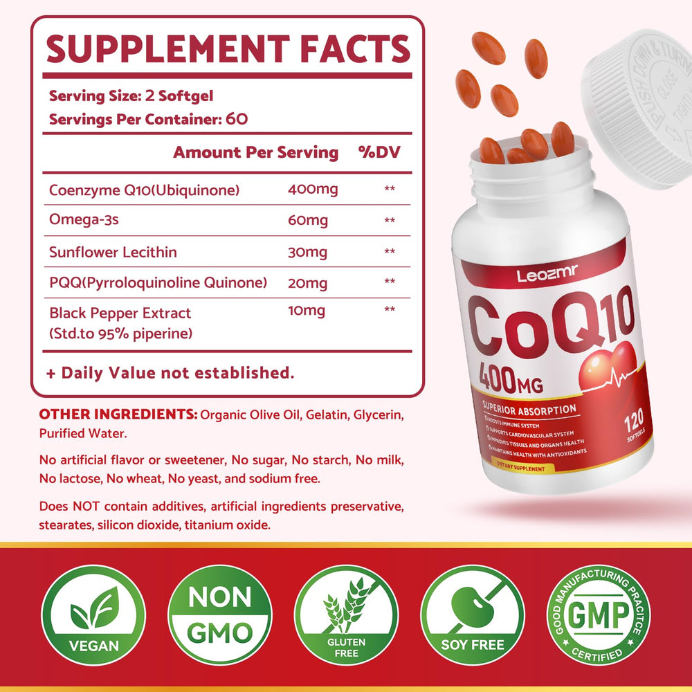 Close-up showing Leozmr CoQ10 absorption blend with black pepper and sunflower lecithin