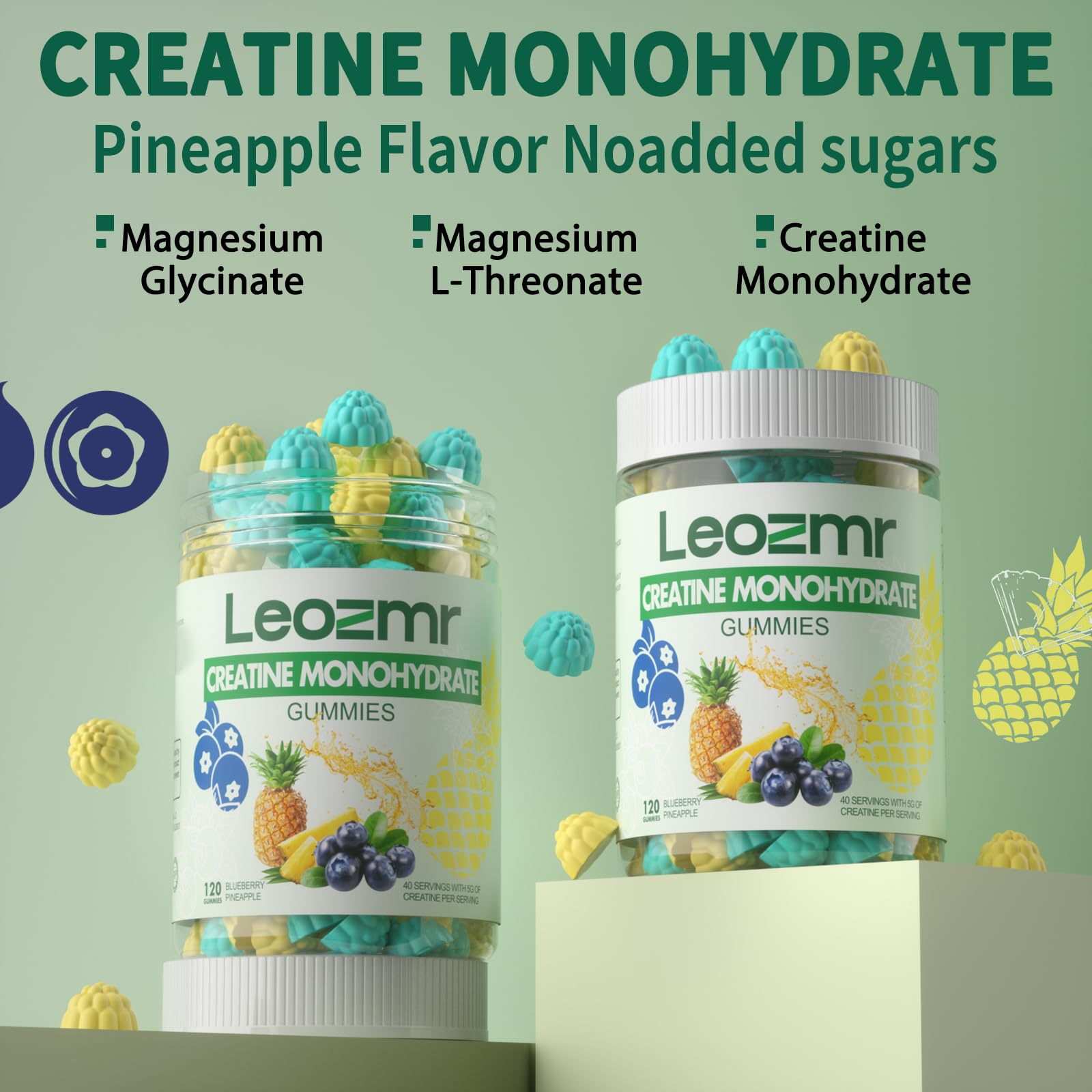 Leozmr Creatine Monohydrate Gummies show three gummies per serving for convenient dosing.
