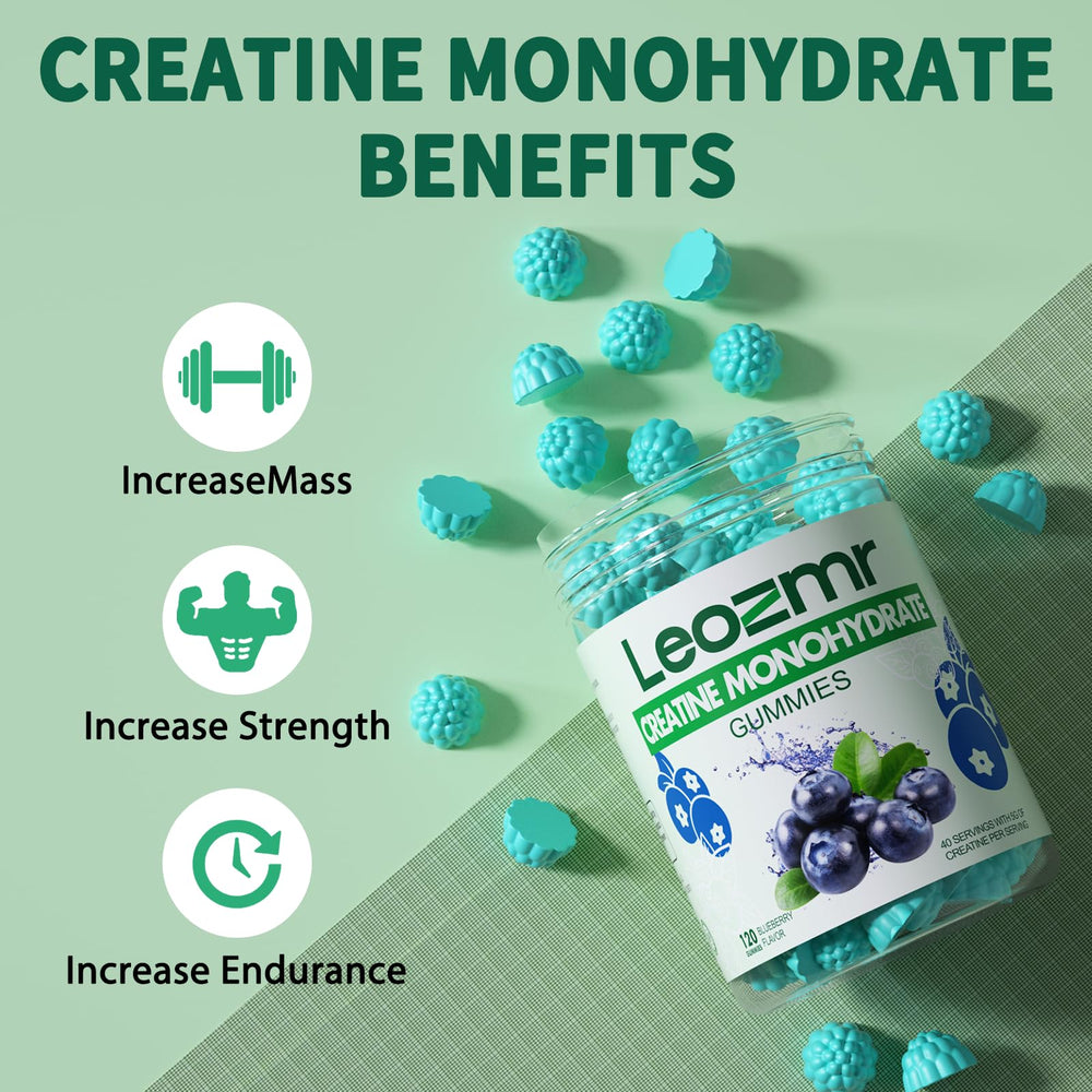 Leozmr Creatine Monohydrate Gummies blueberry close-up shows texture and flavor