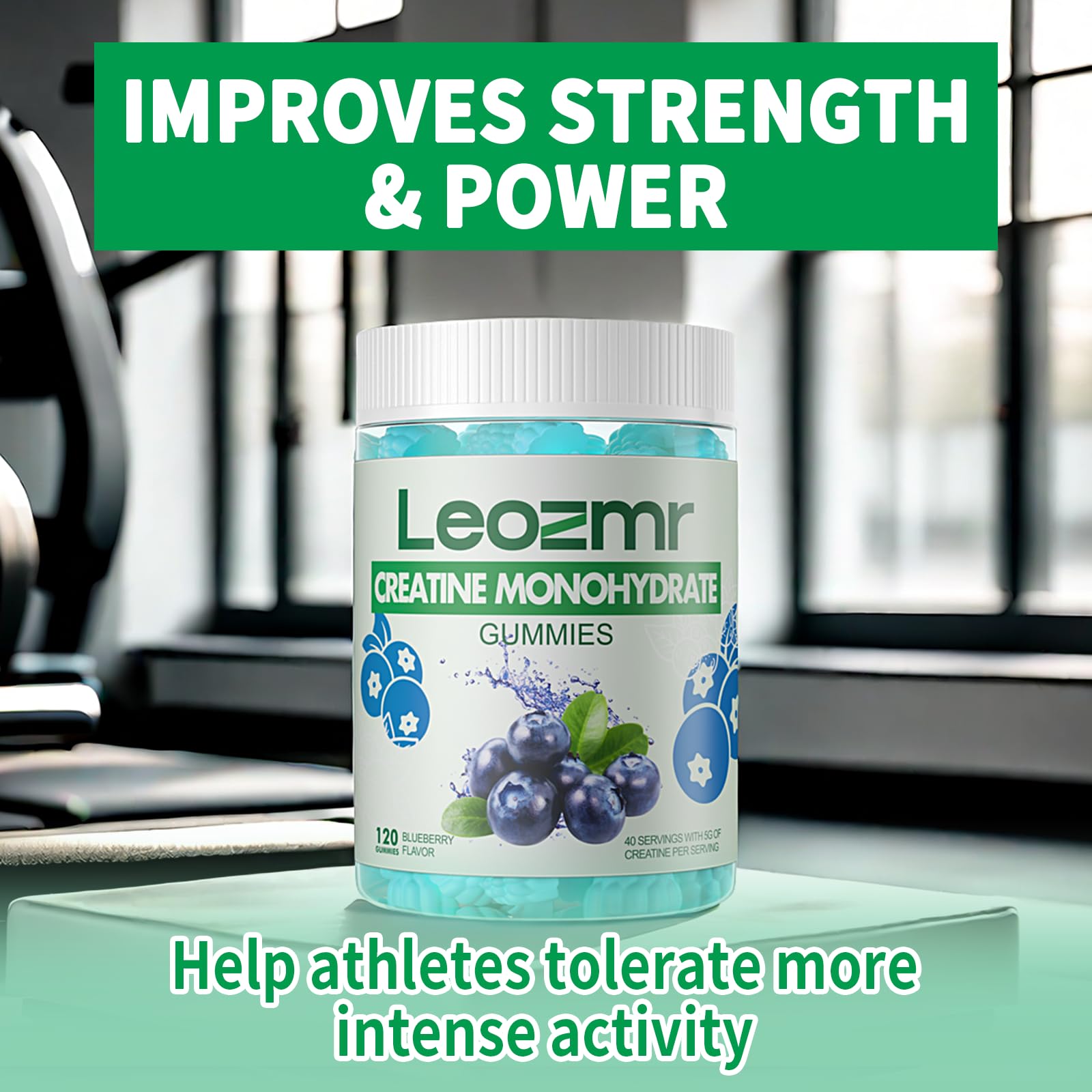 Leozmr Creatine Monohydrate Gummies blueberry packaging highlights vegan sugar-free formula