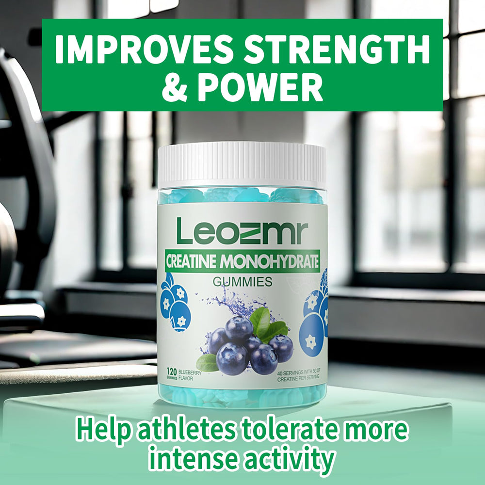 Leozmr Creatine Monohydrate Gummies blueberry packaging highlights vegan sugar-free formula
