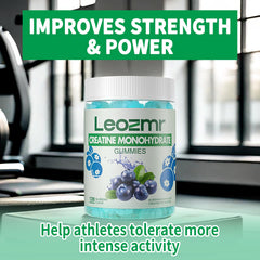 Leozmr Creatine Monohydrate Gummies blueberry packaging highlights vegan sugar-free formula