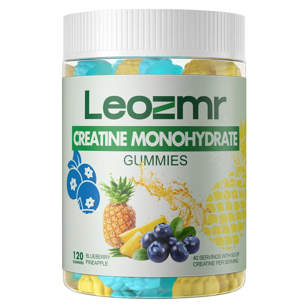 Leozmr Creatine Monohydrate Gummies bottle with blueberry pineapple flavor for on-the-go energy.