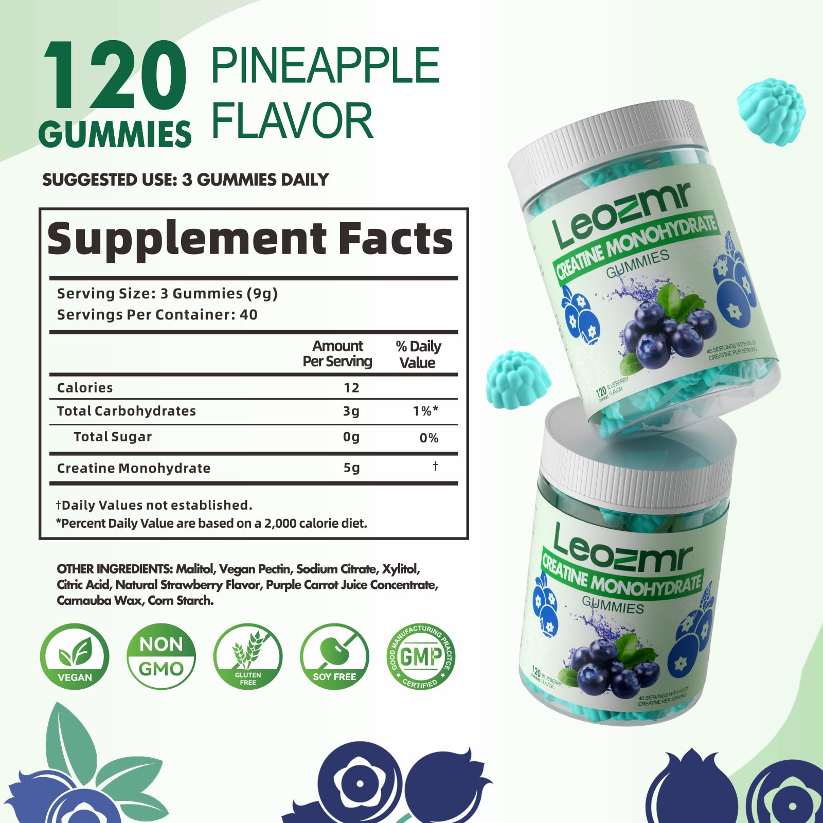Leozmr Creatine Monohydrate Gummies blueberry pouring action suggests easy daily use