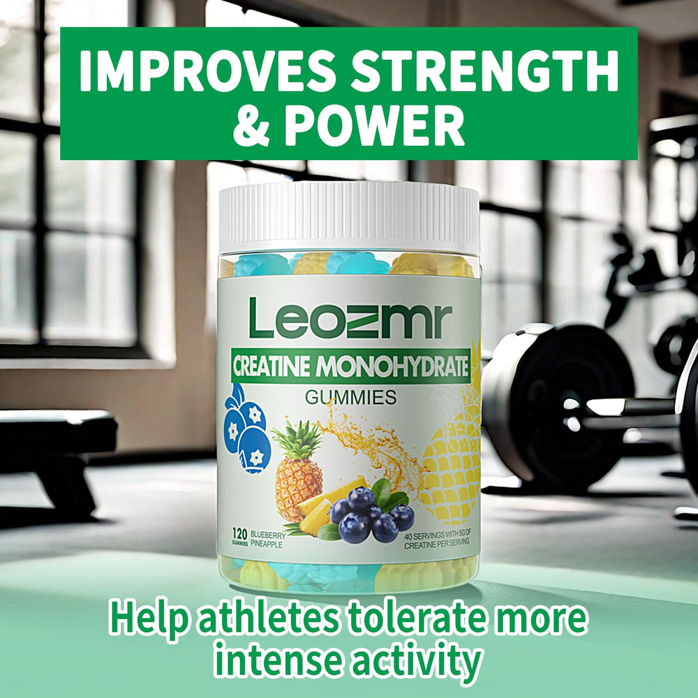 Leozmr Creatine Monohydrate Gummies packaging highlights GMP-certified production quality.