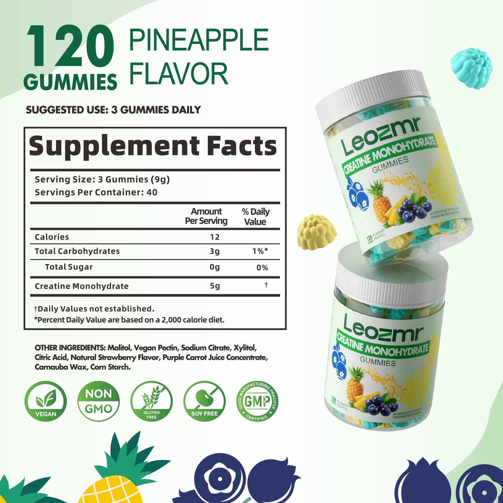 Leozmr Creatine Monohydrate Gummies back label displays ingredients and nutrition facts.