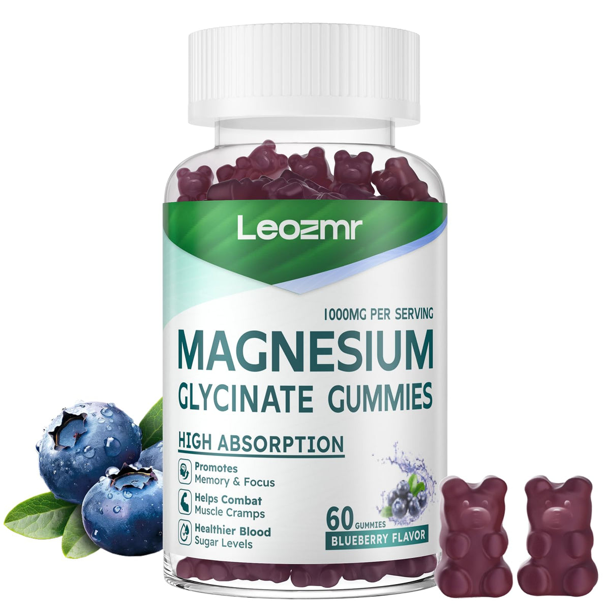 Leozmr magnesium glycinate gummies blueberry bottle front for daily calm