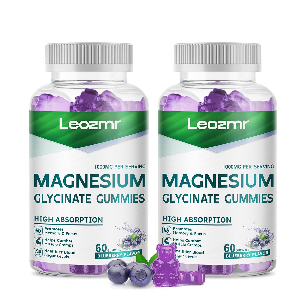 Leozmr magnesium glycinate gummies bottle with blue gummies, easy daily use