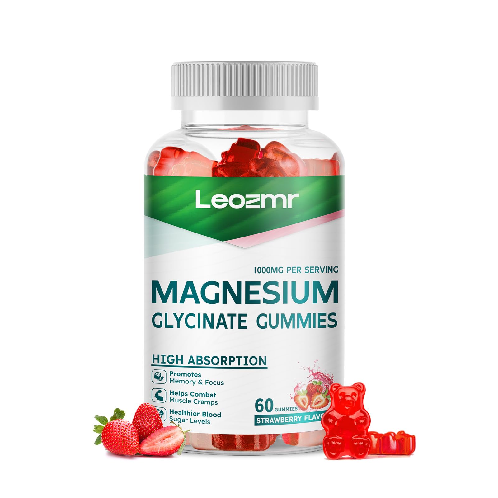 Leozmr Magnesium Glycinate Gummies bottle with strawberry flavor for daily calm support