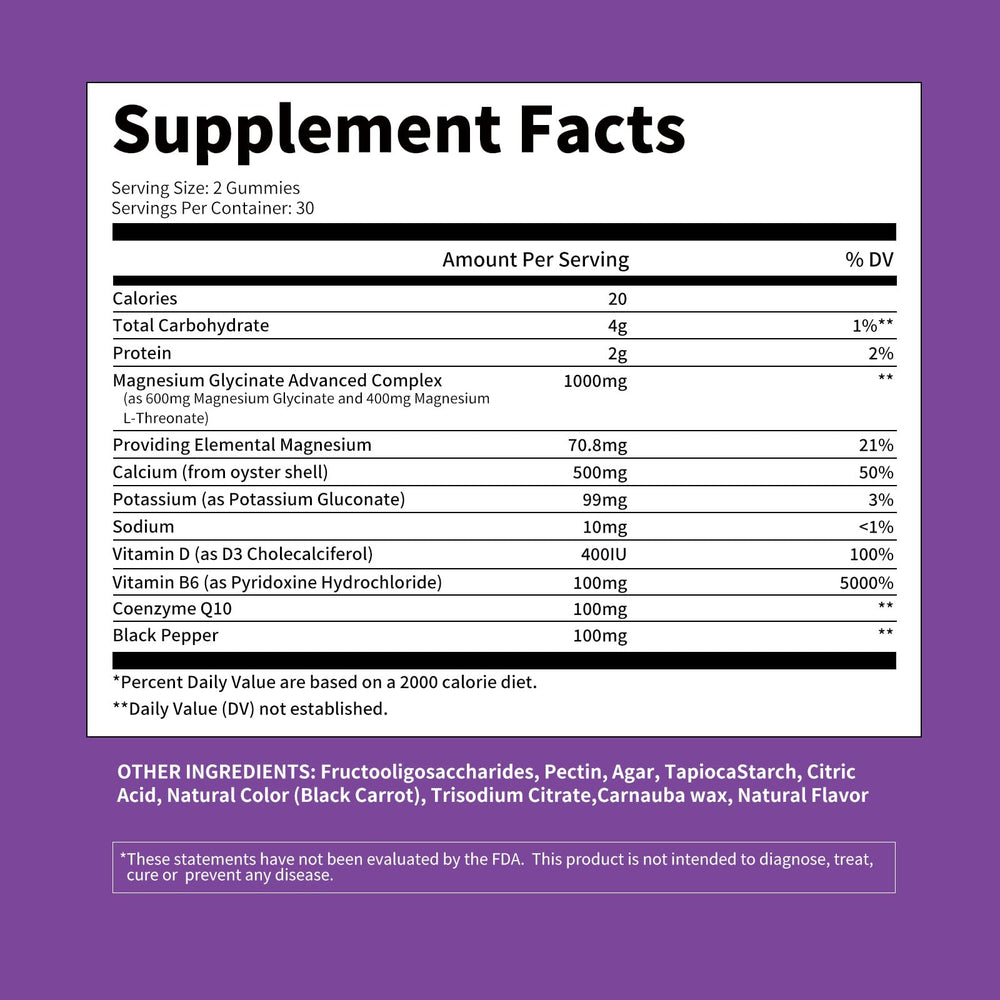 Leozmr magnesium glycinate gummies nutrition label closeup
