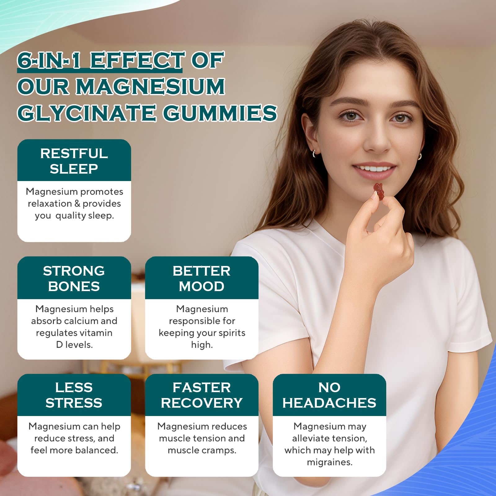 Leozmr magnesium glycinate gummies synergy icons showing mineral support and mood balance