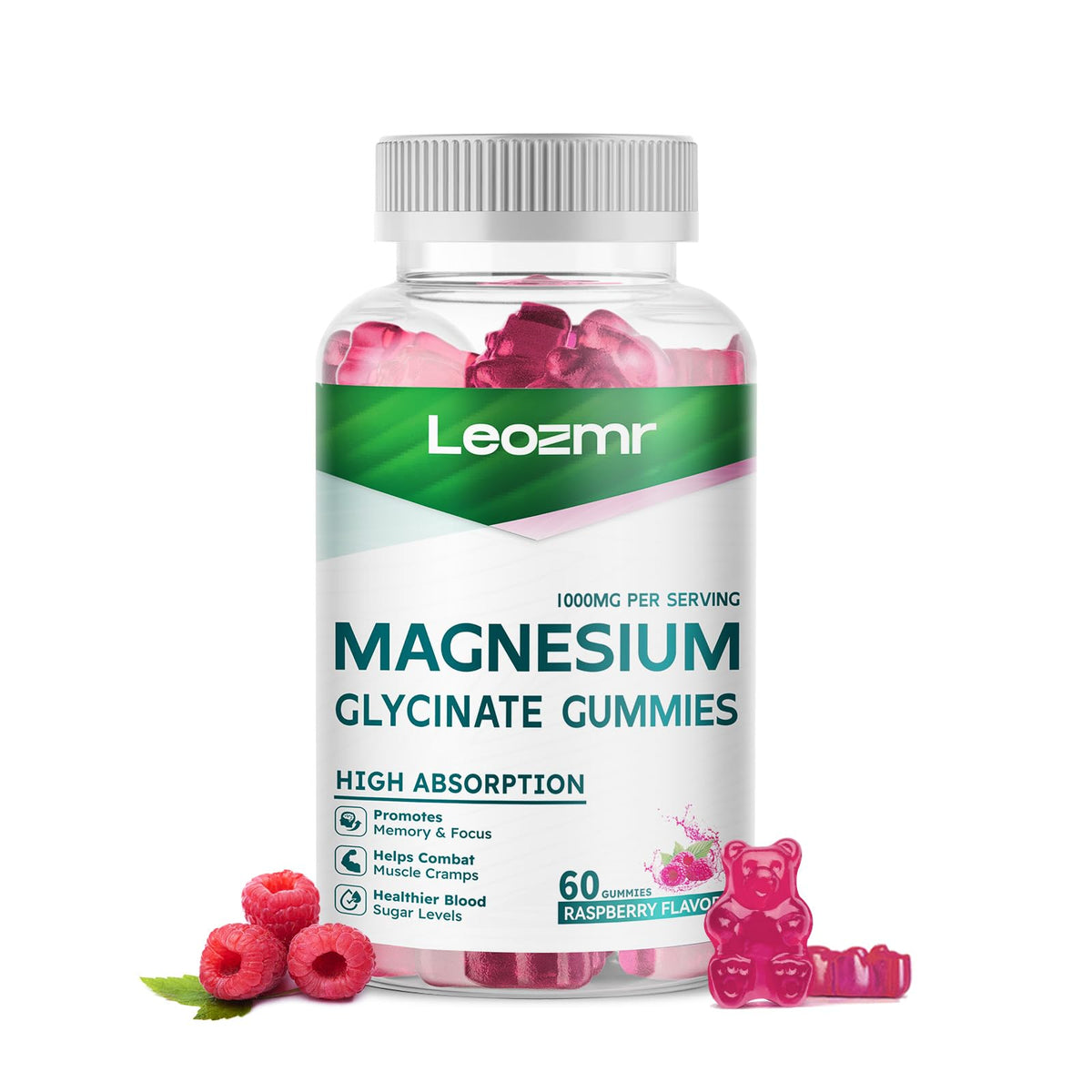 Leozmr Magnesium Glycinate Gummies Raspberry bottle for easy daily calm and sleep support