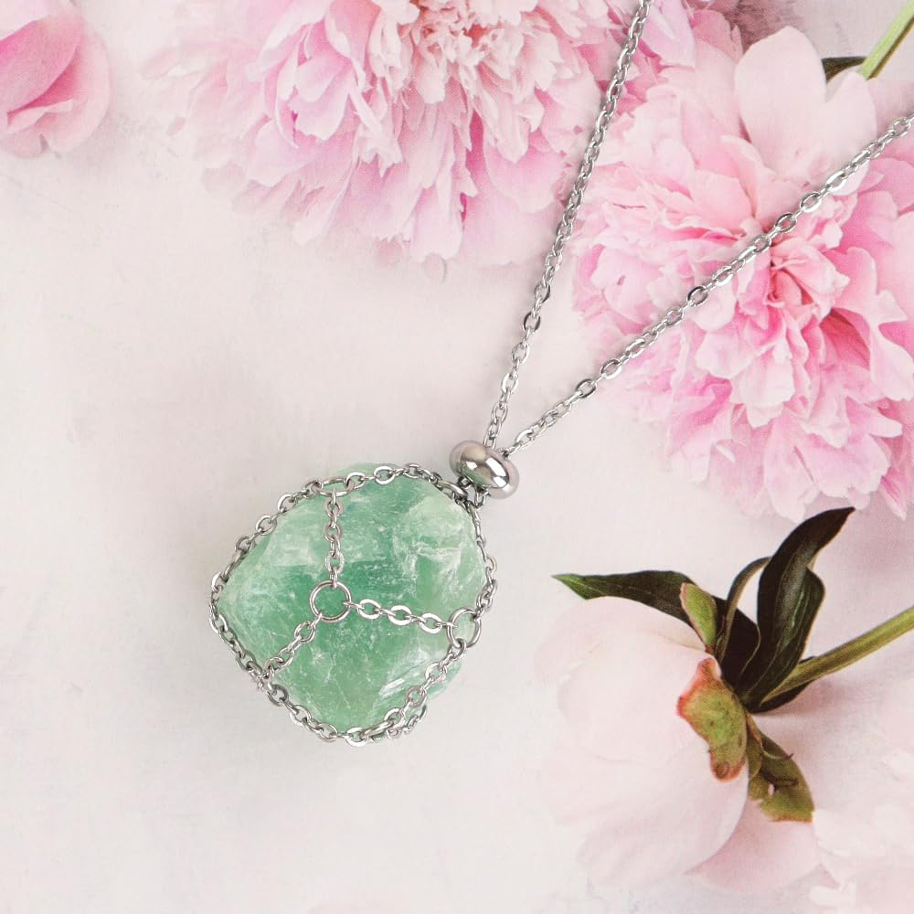 LERSUSI fluorite gemstone in silvery-green cage for chic looks.