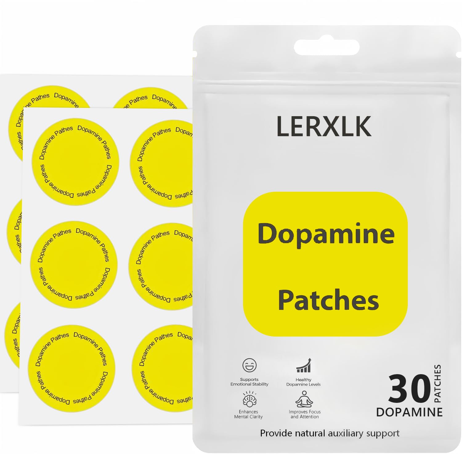 LERXLK Dopamine Patches pack overview highlighting plant-based mood support.