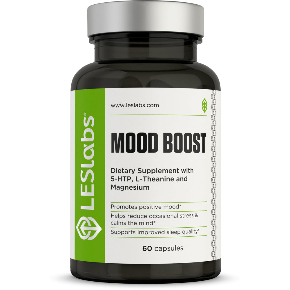 LES Labs Mood Boost bottle close-up highlighting calming formula for stress support.
