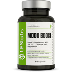 LES Labs Mood Boost bottle close-up highlighting calming formula for stress support.