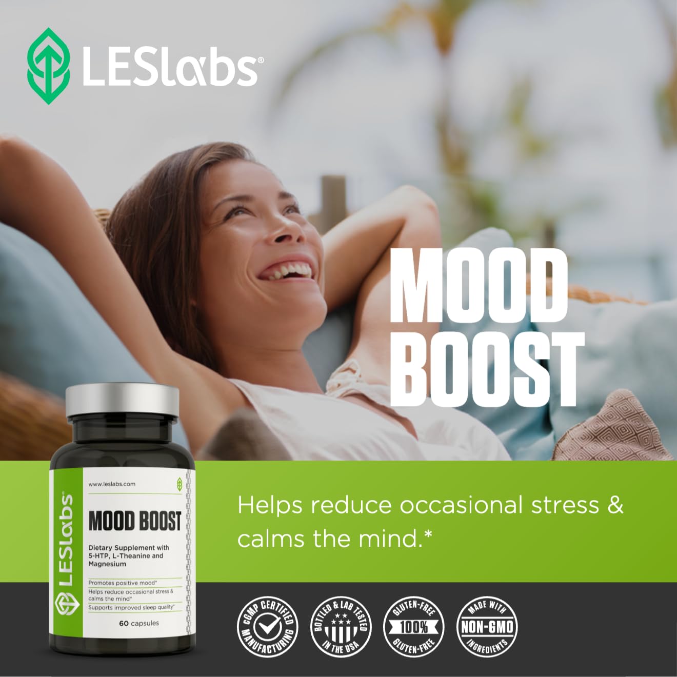 LES Labs Mood Boost sleep-support display suggesting restful nights.
