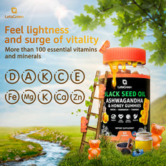 Close-up of LetaGreen gummies with ashwagandha extract for balanced energy.