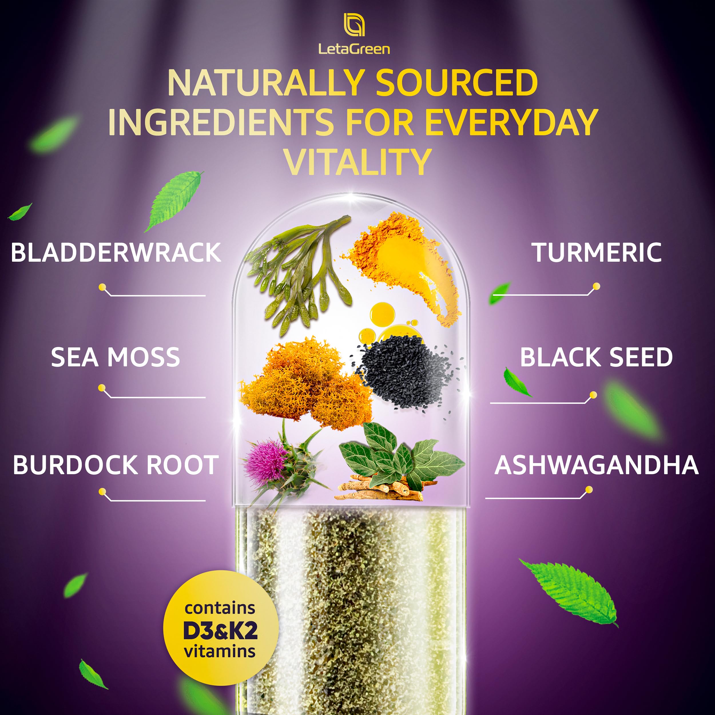 LetaGreen Ashwagandha bottle front suggesting stress support and balance