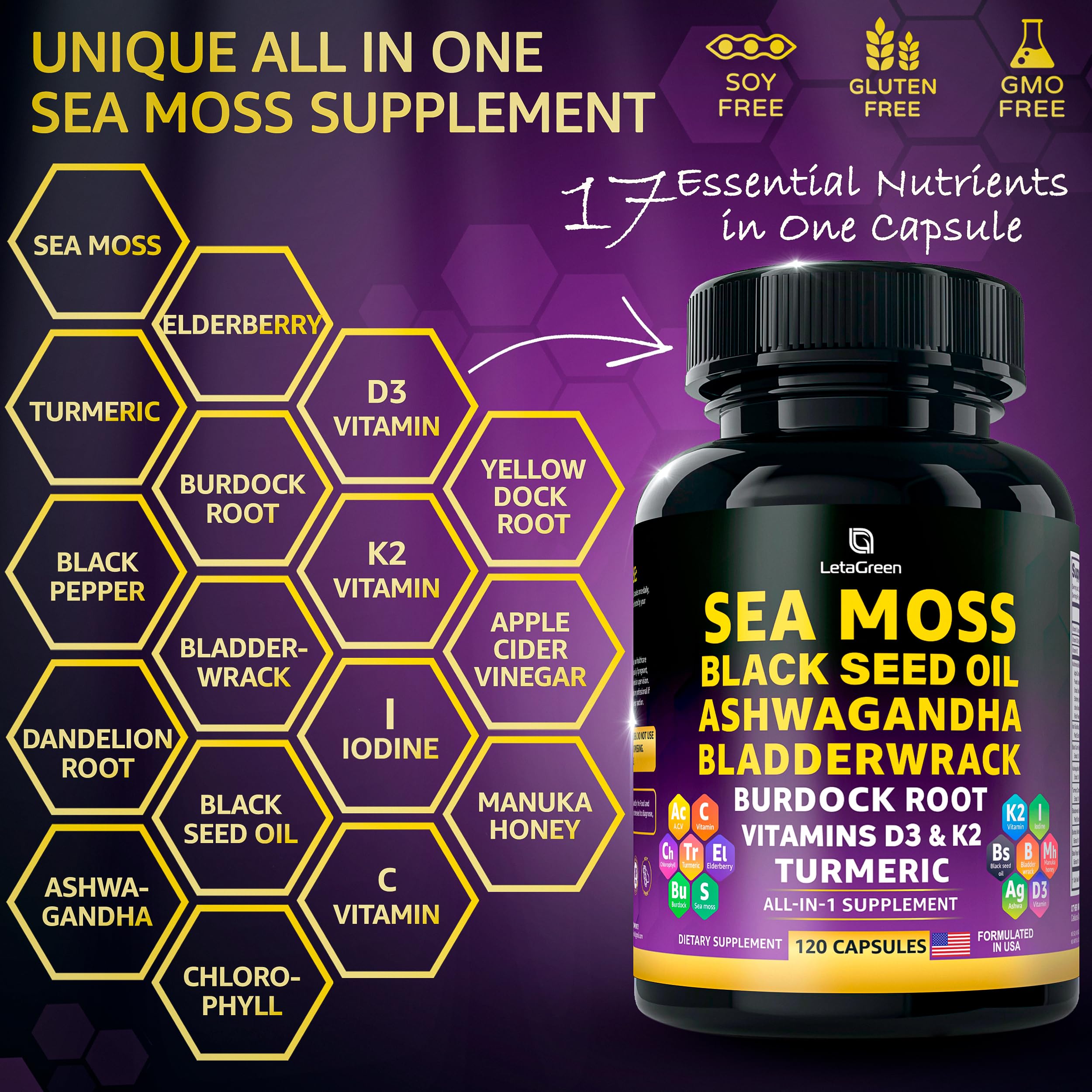 LetaGreen Black Seed Oil capsules closeup highlighting multi-ingredient blend for vitality