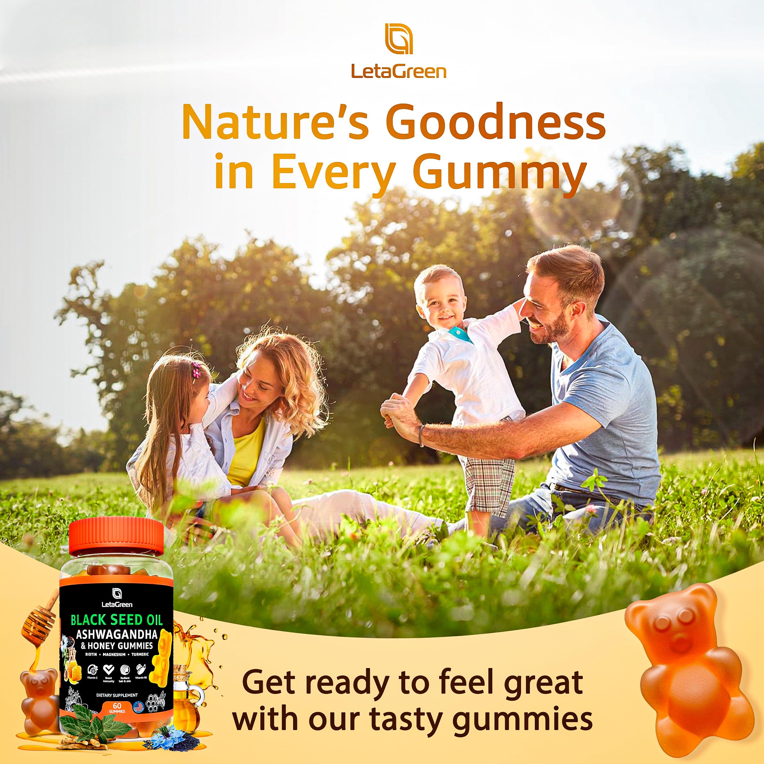LetaGreen gummy bottle with label indicating natural cleanse and vitality benefits.