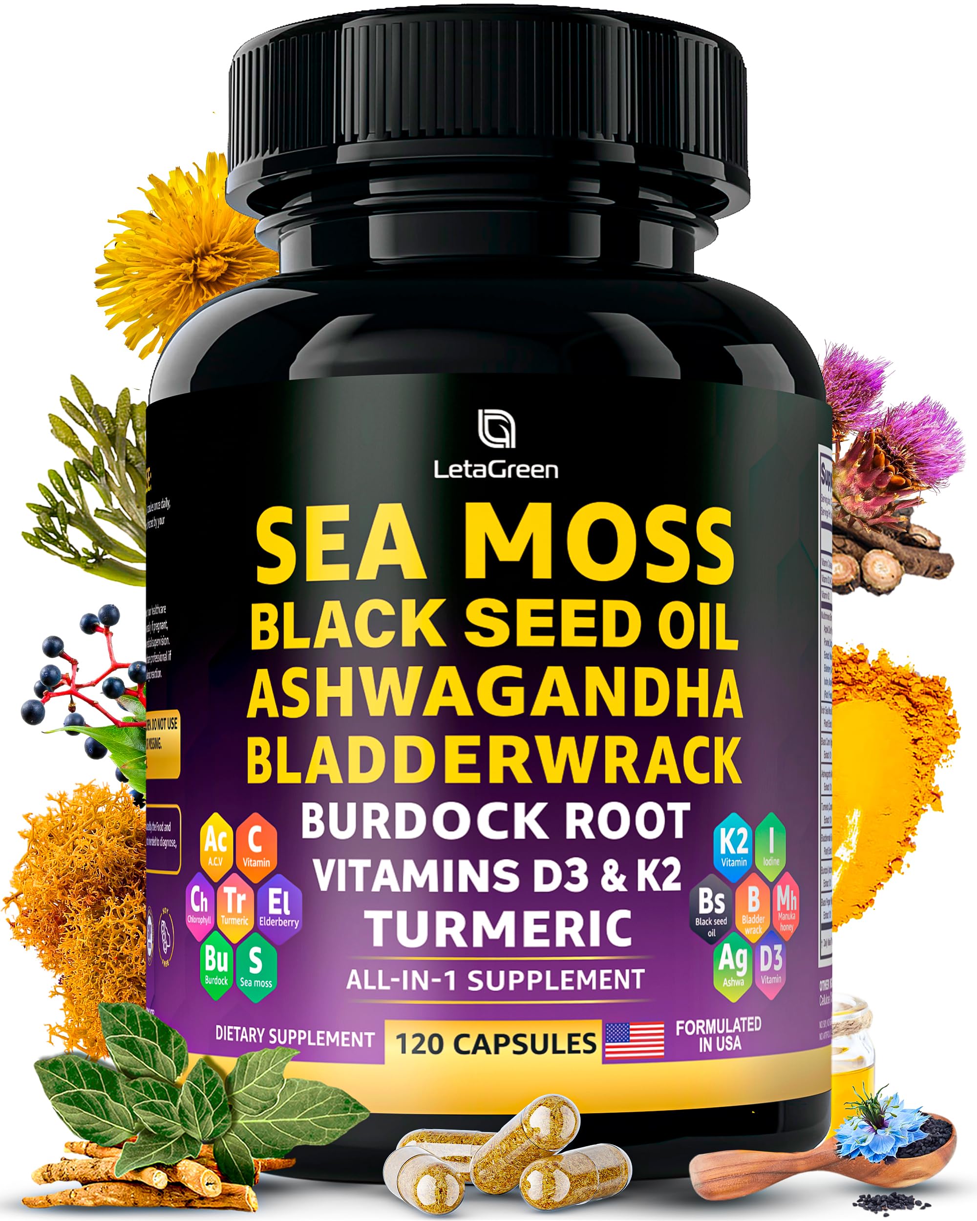 LetaGreen Sea Moss Capsules bottle for daily wellness and convenience