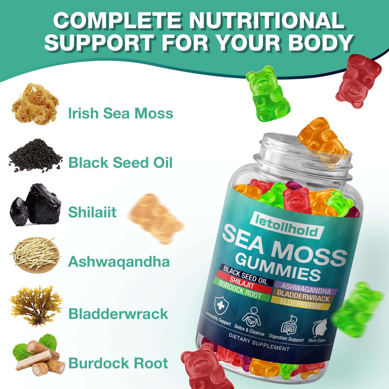 Letollhold Sea Moss Gummies with Ashwagandha and Bladderwrack for energy support.