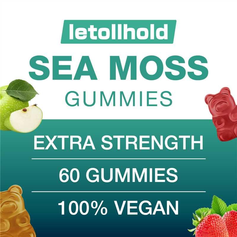 Letollhold Sea Moss Gummies vegan ingredients label highlights gluten-free and GMO-free formula.