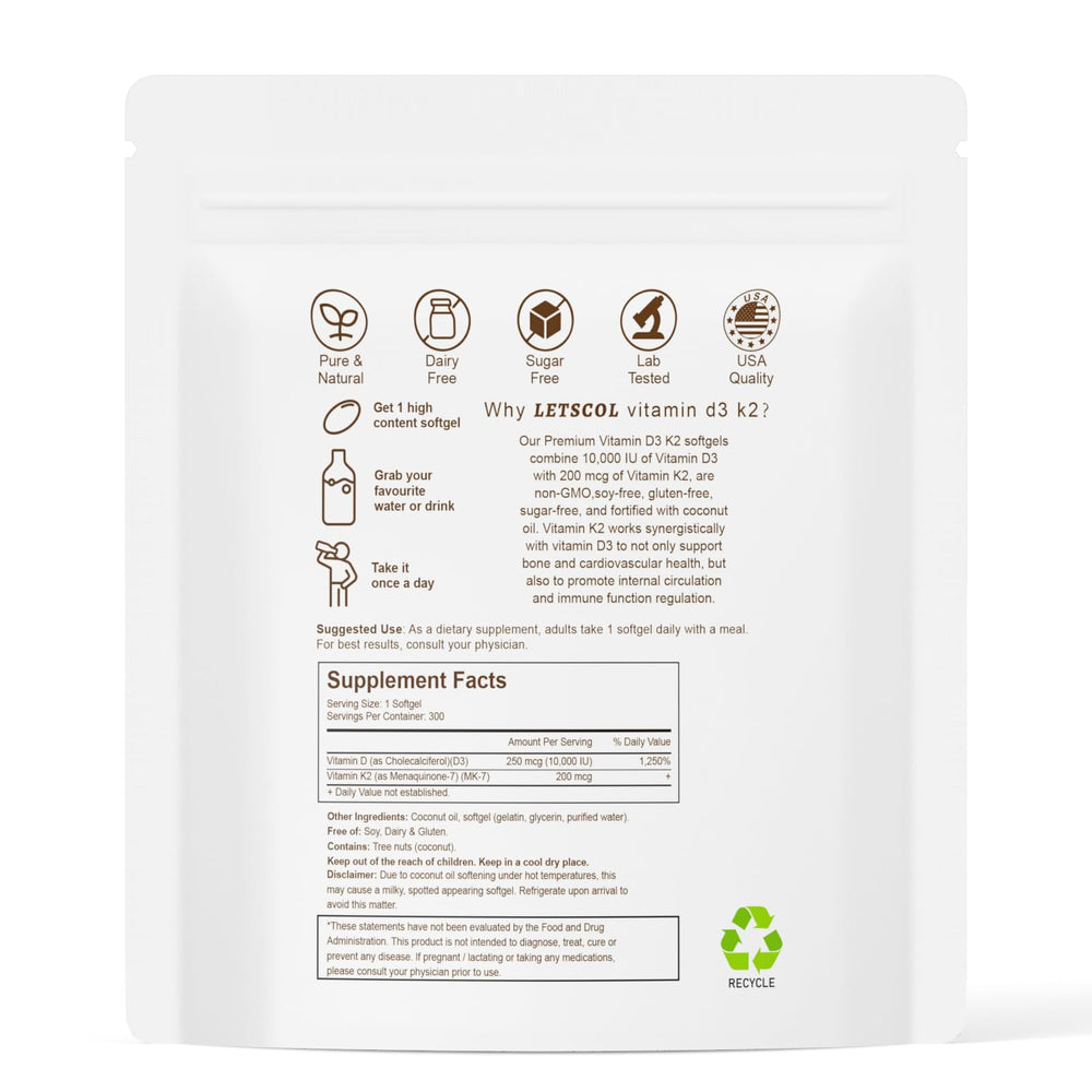 Close-up pour of LETSCOL softgels suggesting easy daily dosing.