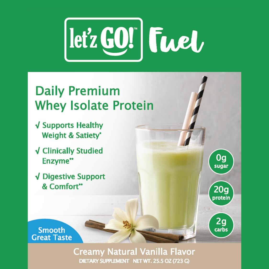 Let’z Go Premium Whey Isolate Vanilla bottle with natural flavor emphasis.