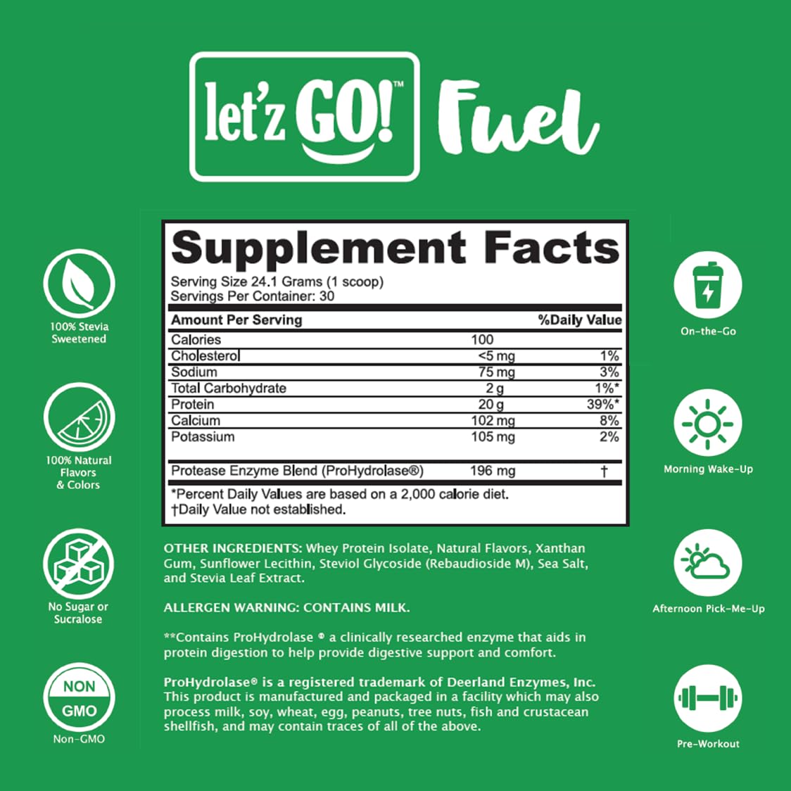 Dairy-based Let’z Go whey isolate in clean, gluten-free formula on kitchen counter.
