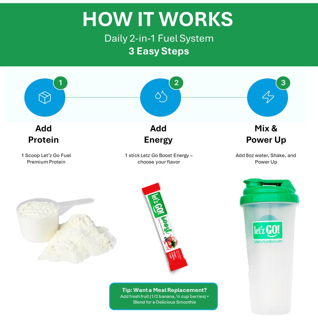 Nutrition panel highlights 20g protein and 110 calories per serving.