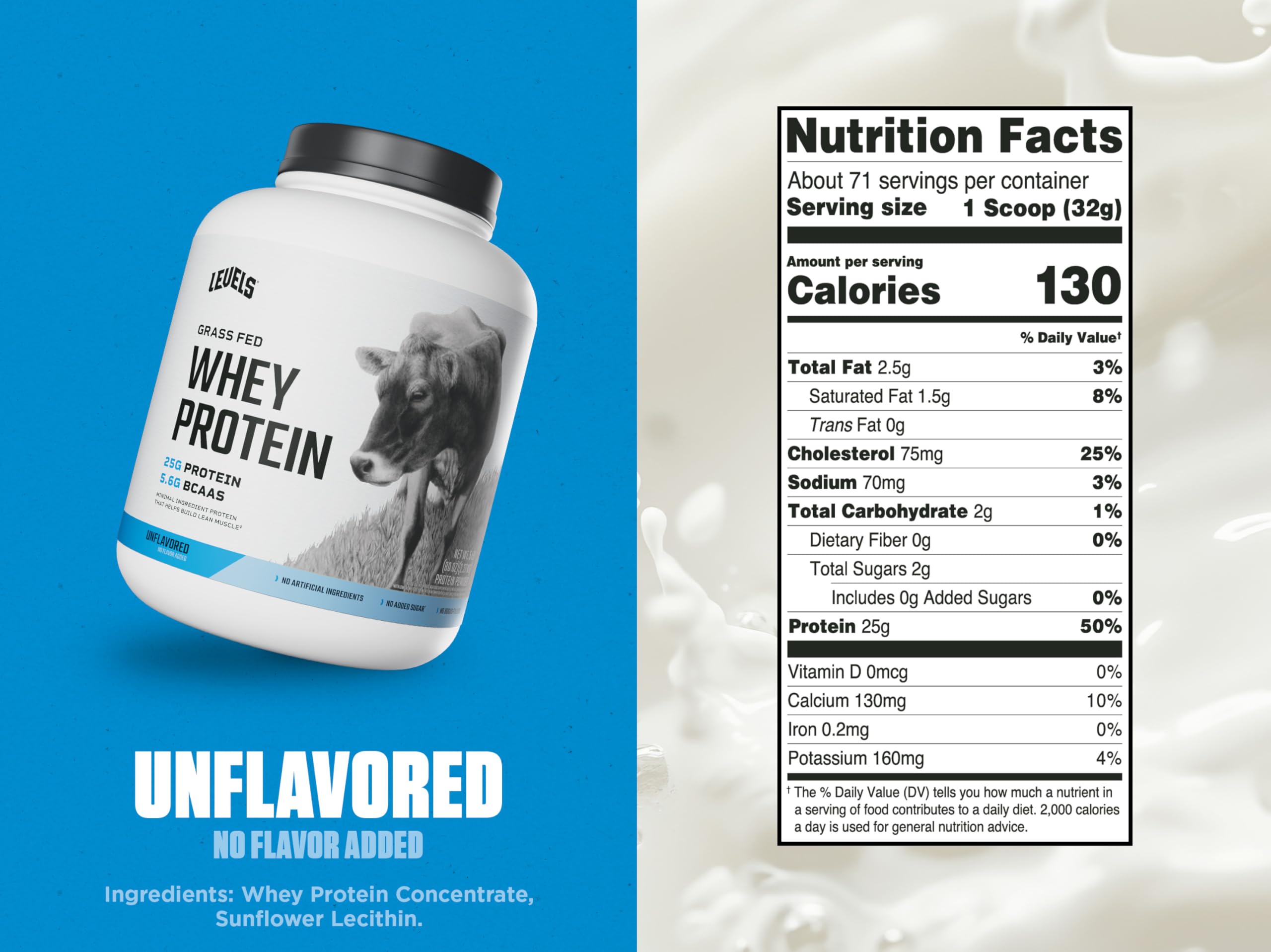 Levels 25g protein per scoop supports workout nutrition and recovery.