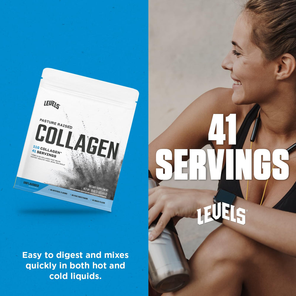 Close view of Levels Collagen bottle, scoop, and powder on the counter.