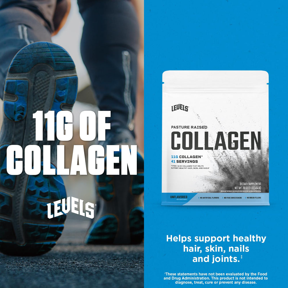 Levels Collagen Peptides added to a smoothie, demonstrating versatile usage.