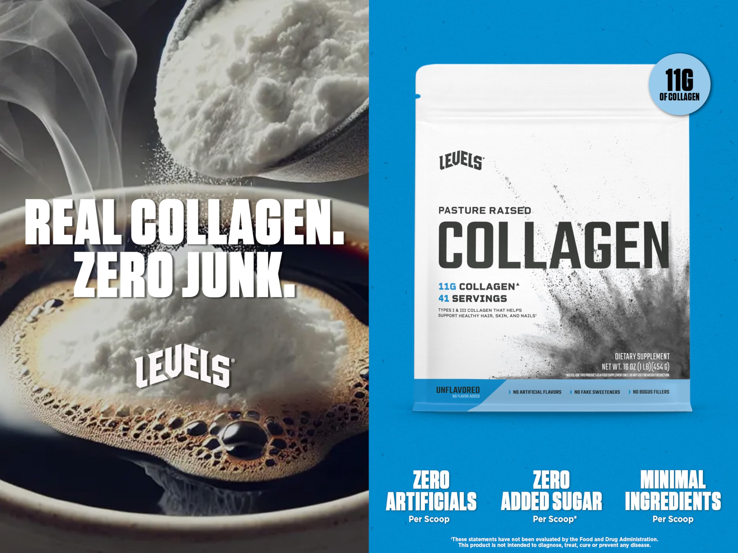 Close-up of Levels Collagen Peptides ingredients label showing clean formula.