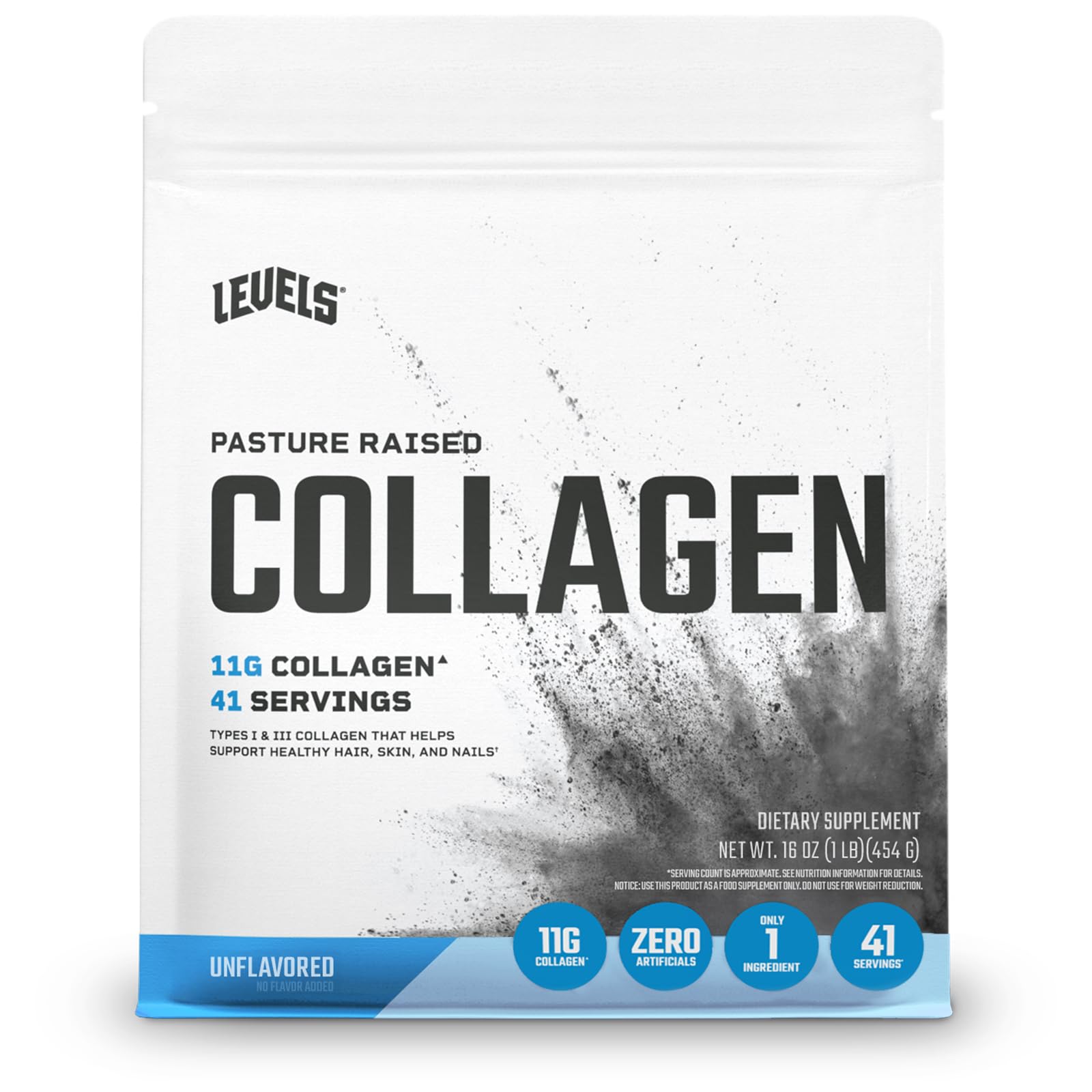 Levels Collagen Peptides Unflavored bottle with 11g per serving highlighted for joint and skin support.