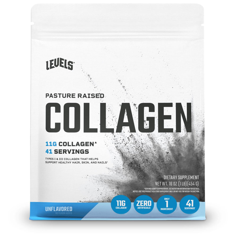 Levels Collagen Peptides Unflavored bottle with 11g per serving highlighted for joint and skin support.
