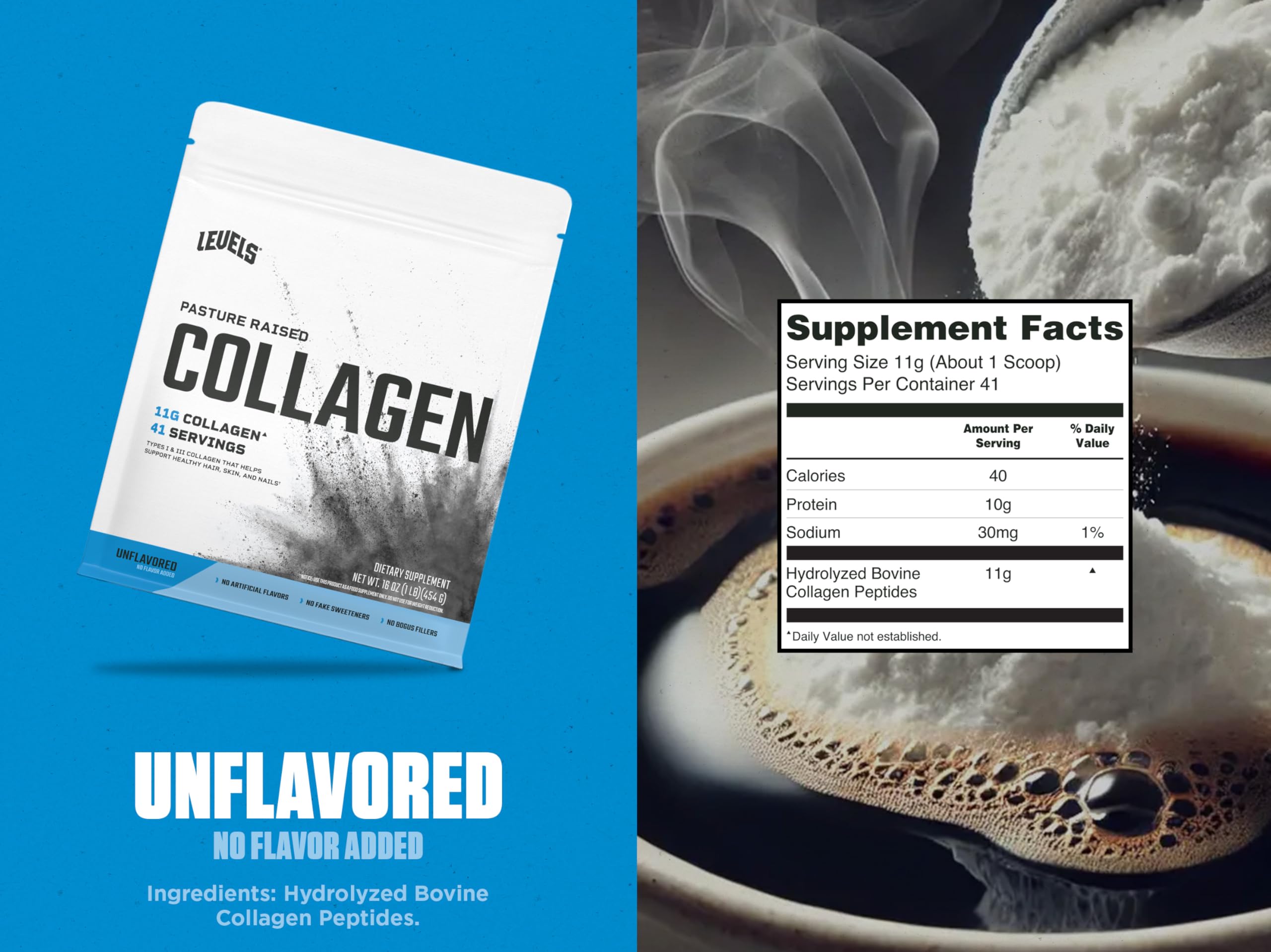 Levels Collagen powder dissolving smoothly in coffee for a seamless mix.